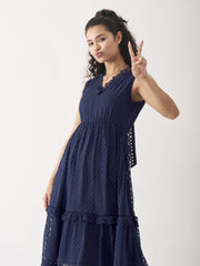 Navy Blue Chiffon Brasso Swiss Dot V-Neck Dress