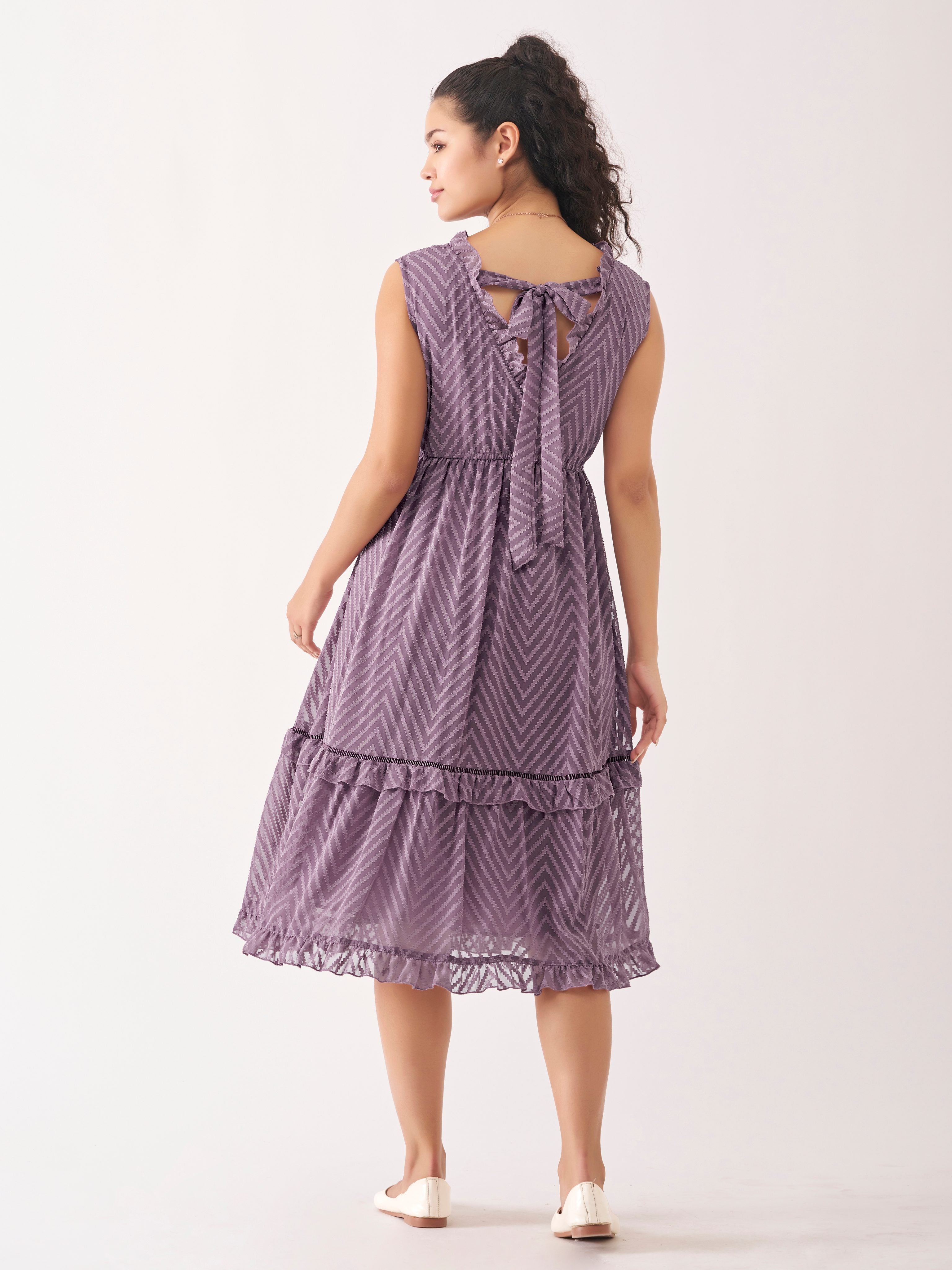 Purple Taupe Chiffon Brasso Swiss Dot V-Neck Dress