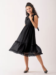 Black Chiffon Brasso Swiss Dot V-Neck Dress