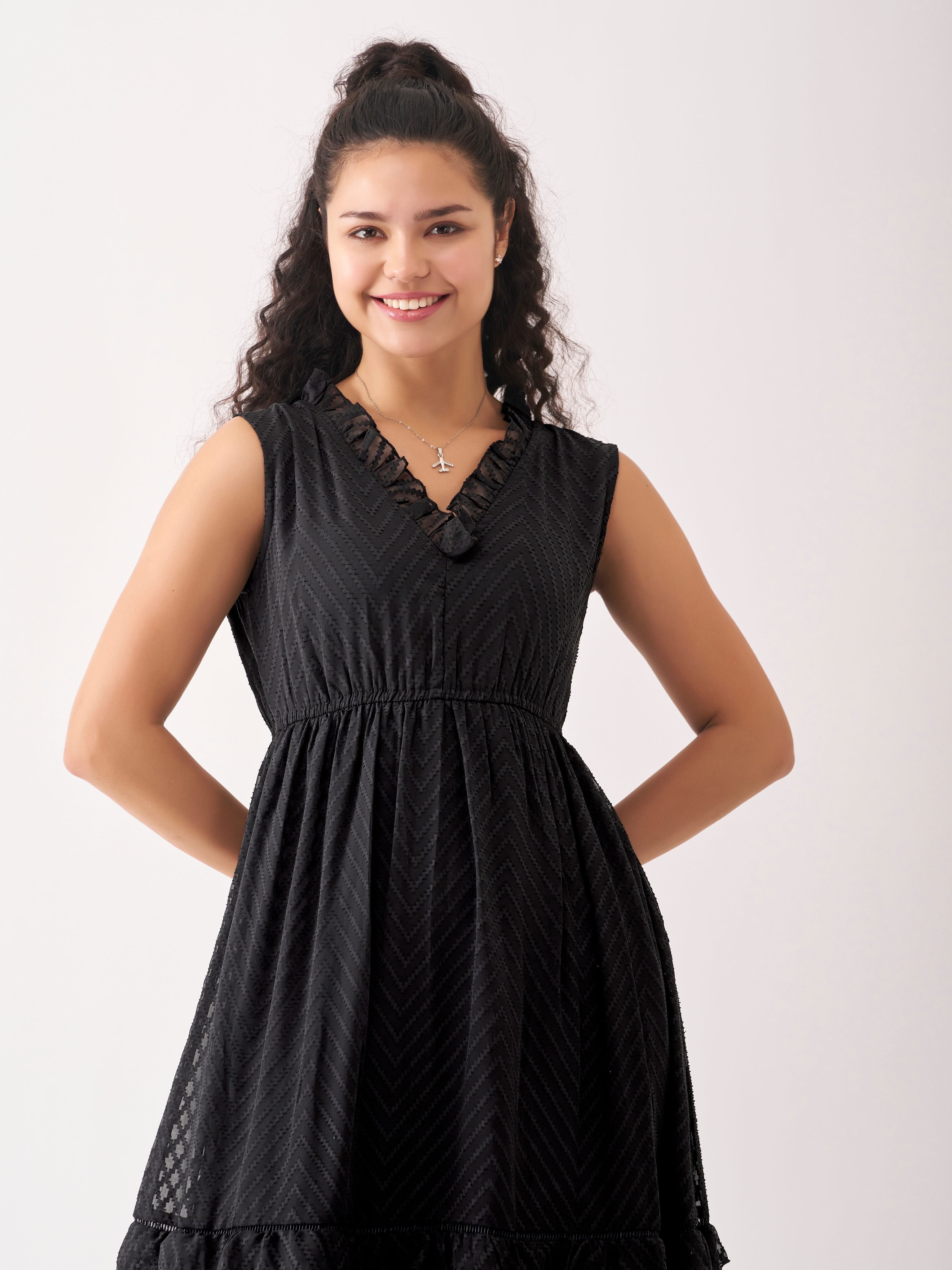 Black Chiffon Brasso Swiss Dot V-Neck Dress