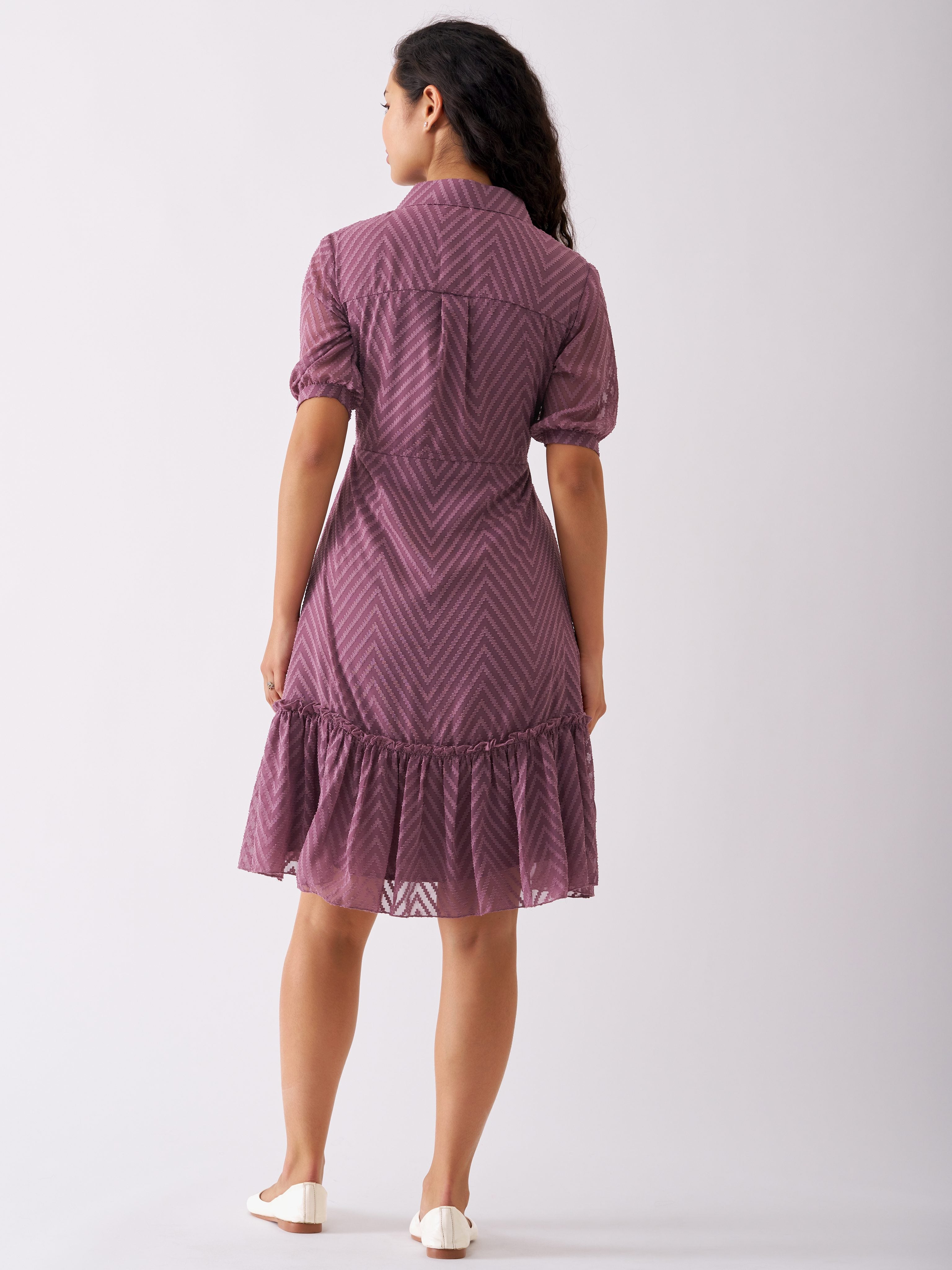 Purple Chiffon Brasso Swiss Dot Point Collar Dress