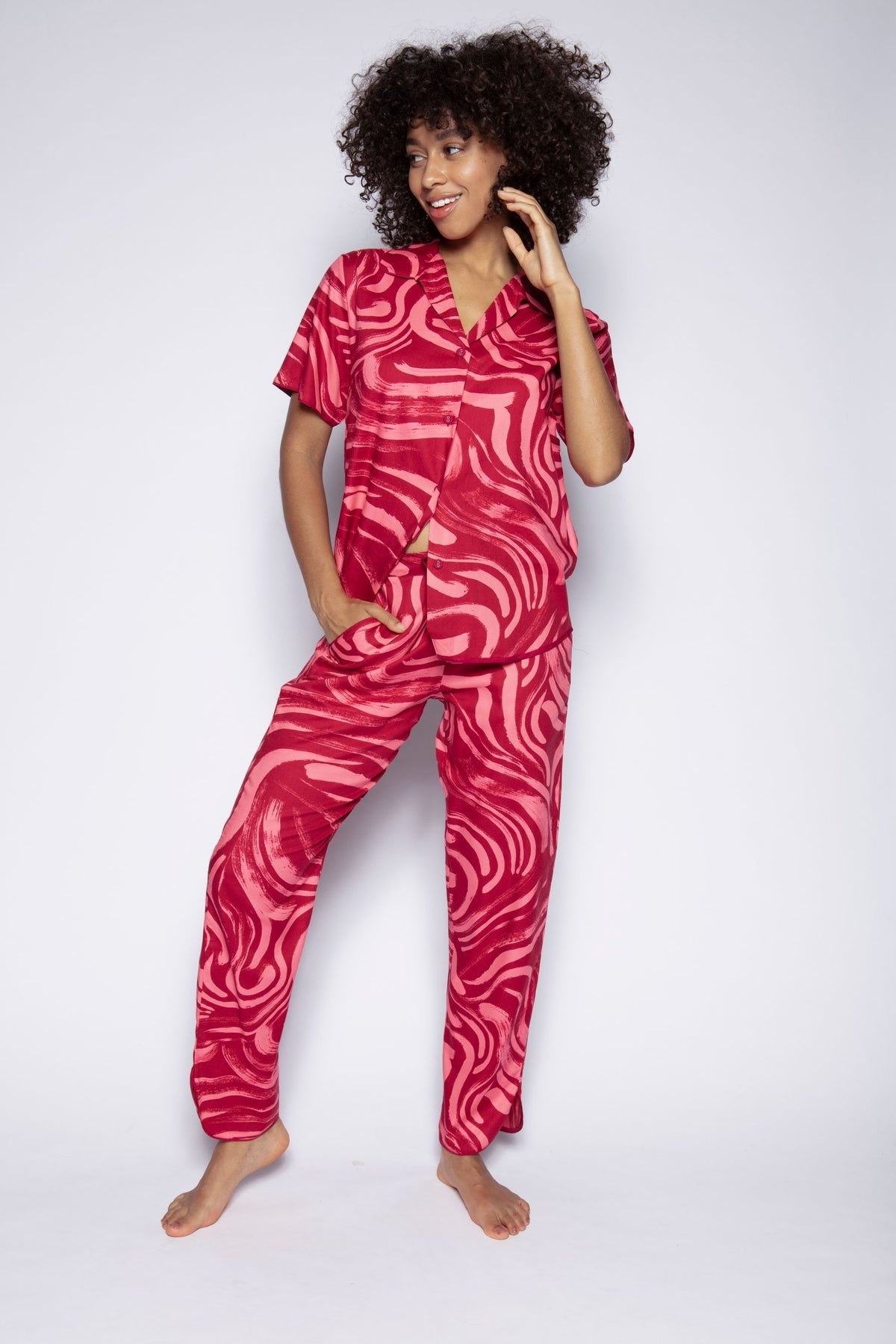 Dark Pink Color Digital Abstract Printed loungewear/Nightsuit For Women With Pants.