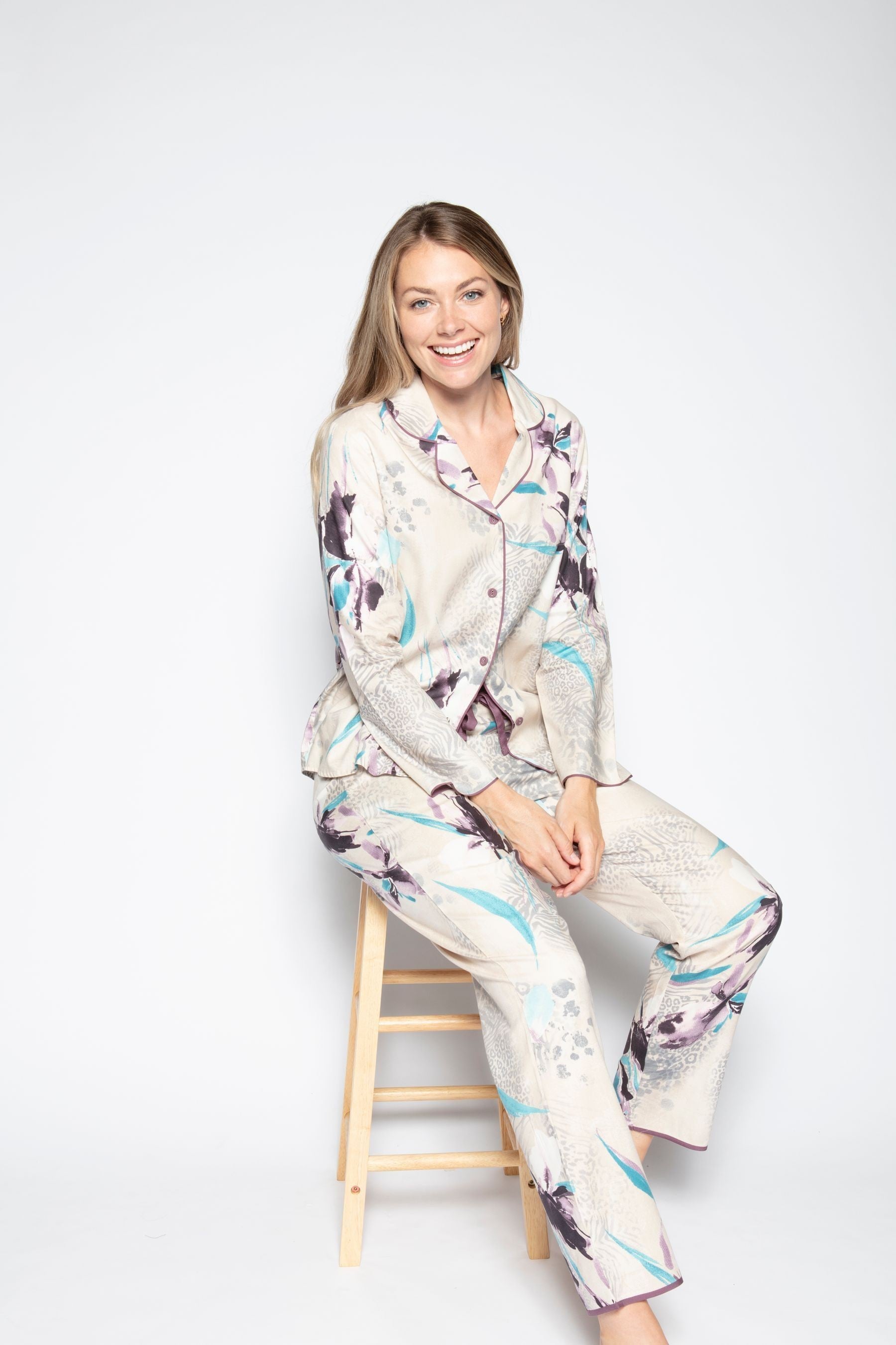 Cream Color Digital Abstract Printed loungewear/Nightsuit For Women With Pants.