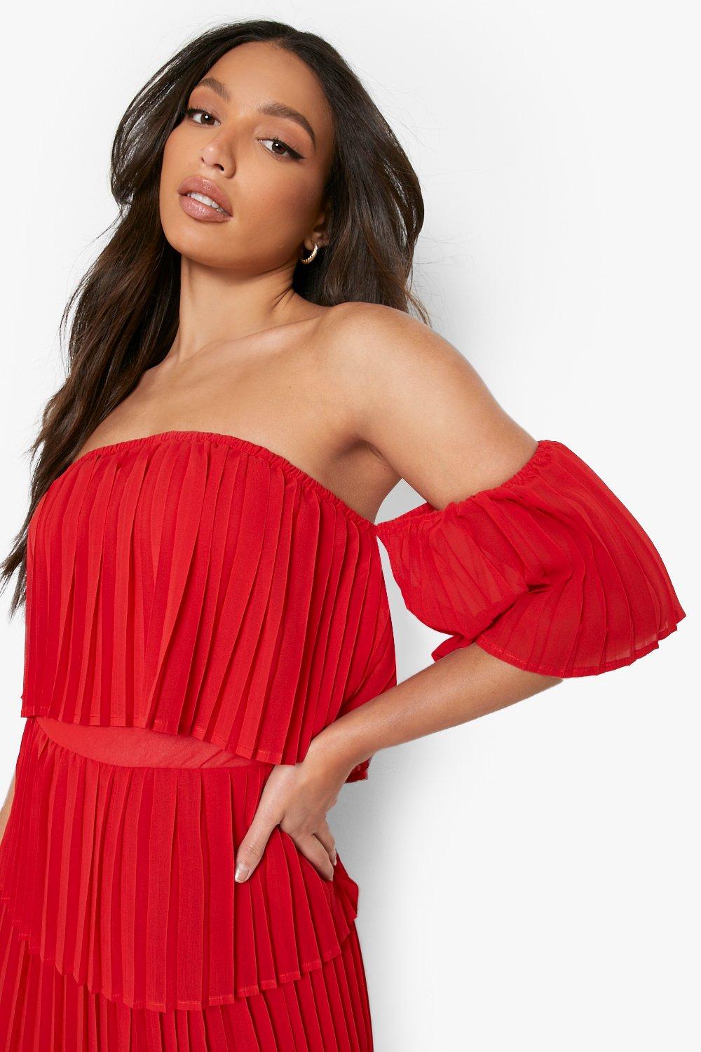 Female Baked Coral Tall Pleated Off Shoulder Occasion Dress