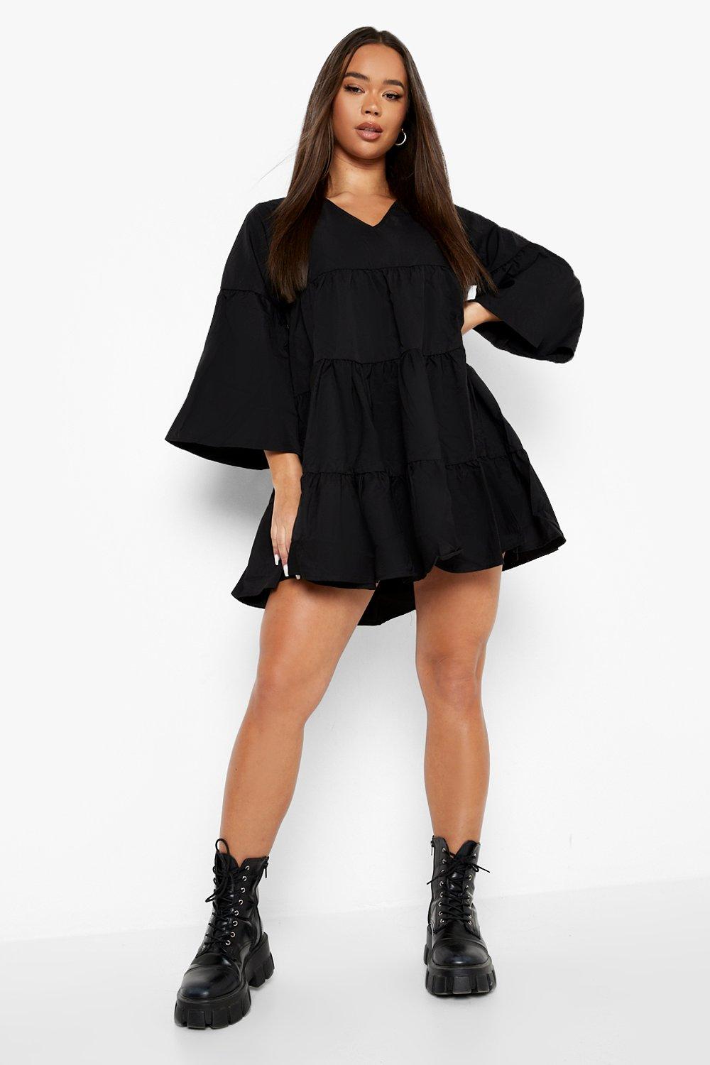 Female Black V Neck Tired Smock Dress