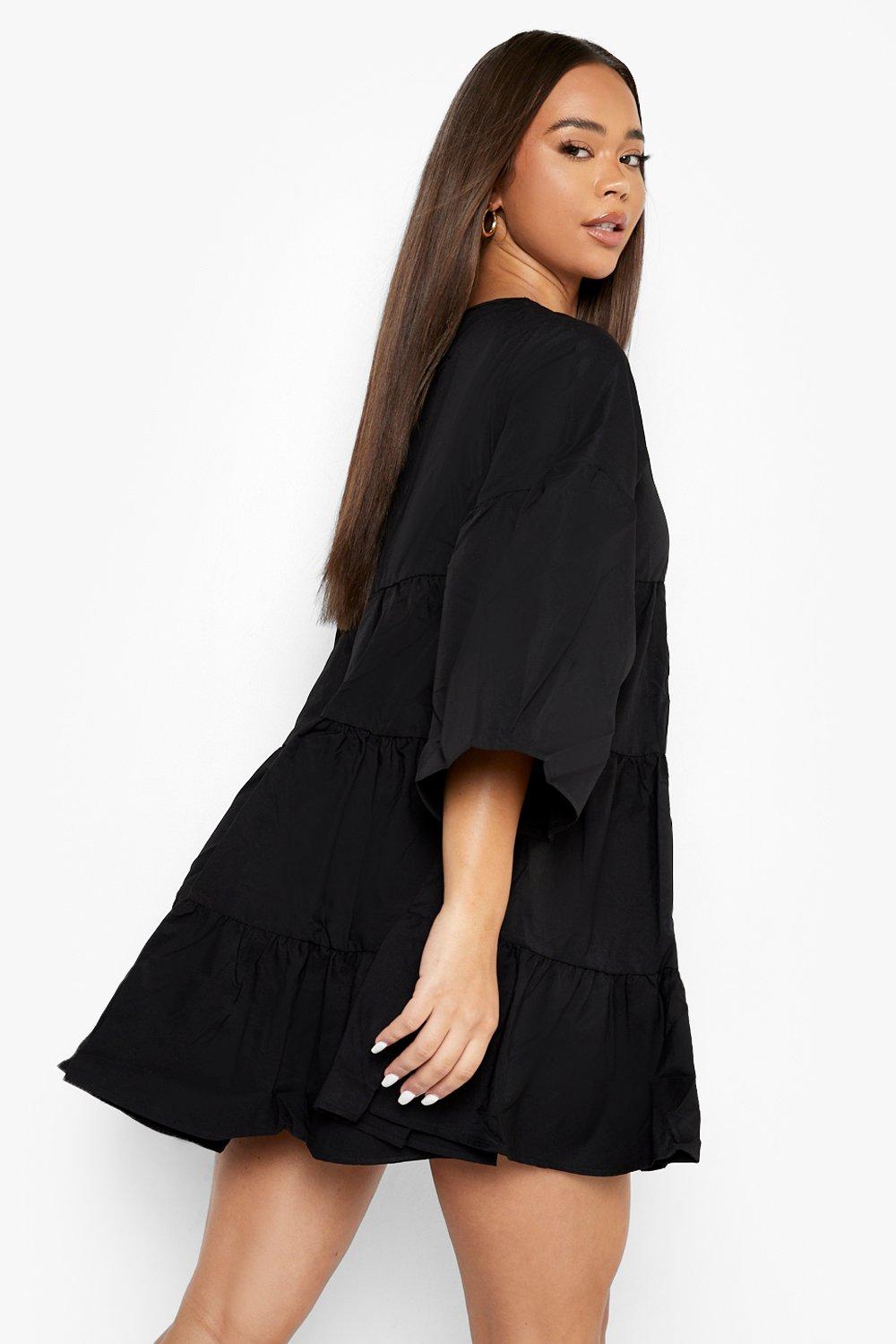 Female Black V Neck Tired Smock Dress