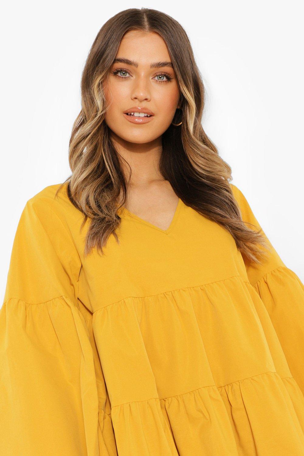 Female Mustard V Neck Tired Smock Dress