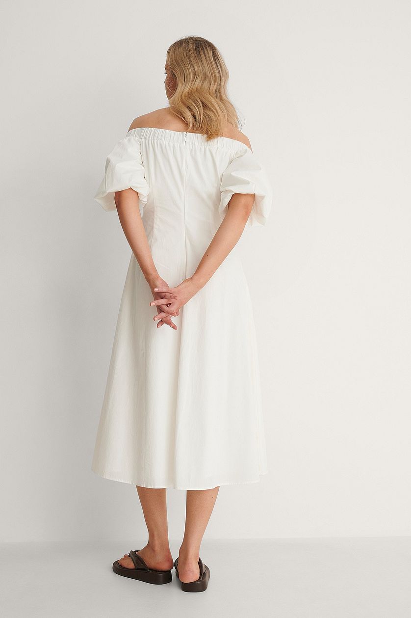 White Off Shoulder Detail Cotton Dress With Pockets