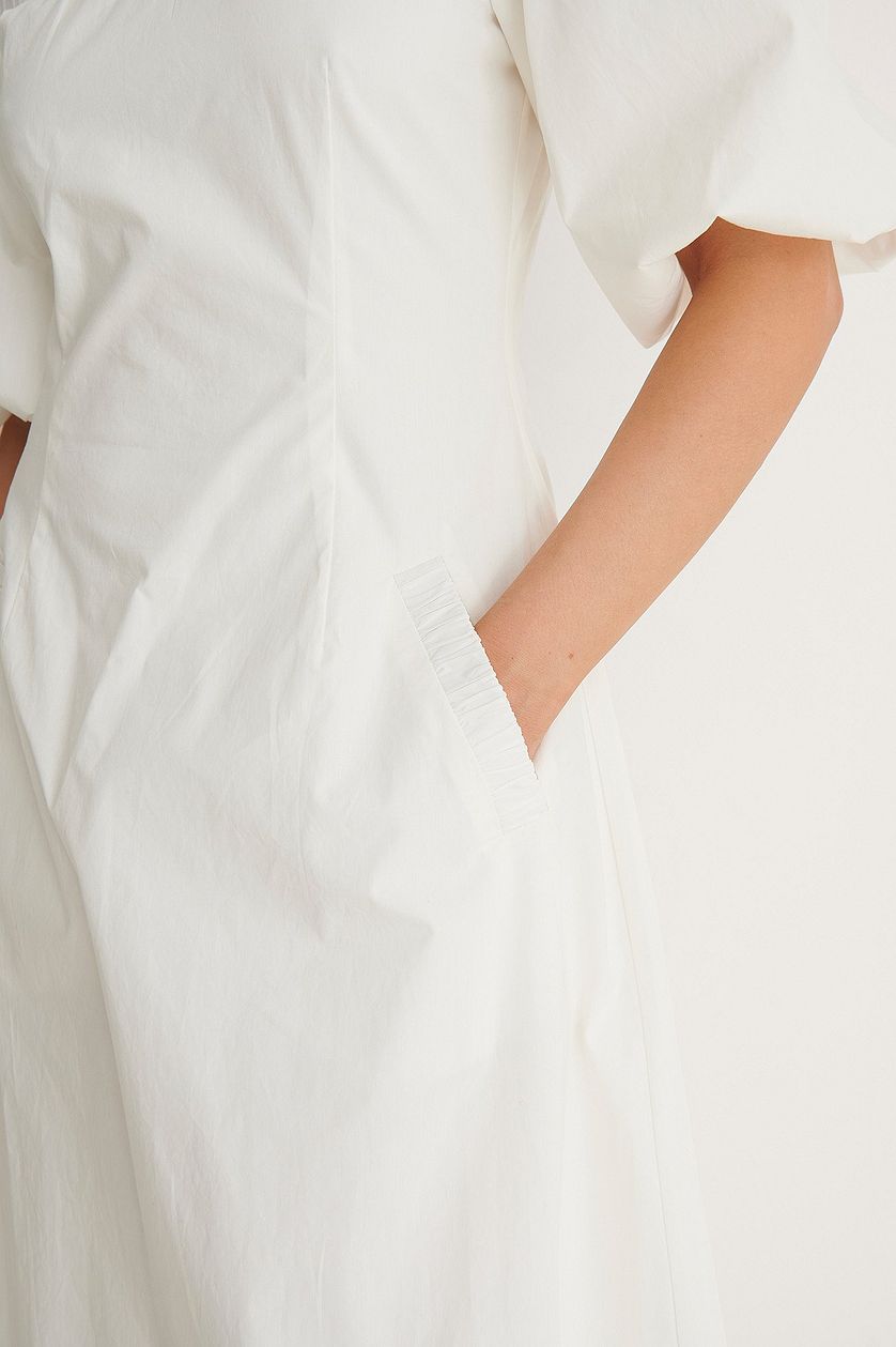 White Off Shoulder Detail Cotton Dress With Pockets