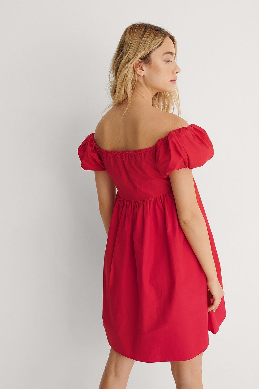 Red Off Shoulder Mini Cotton Dress